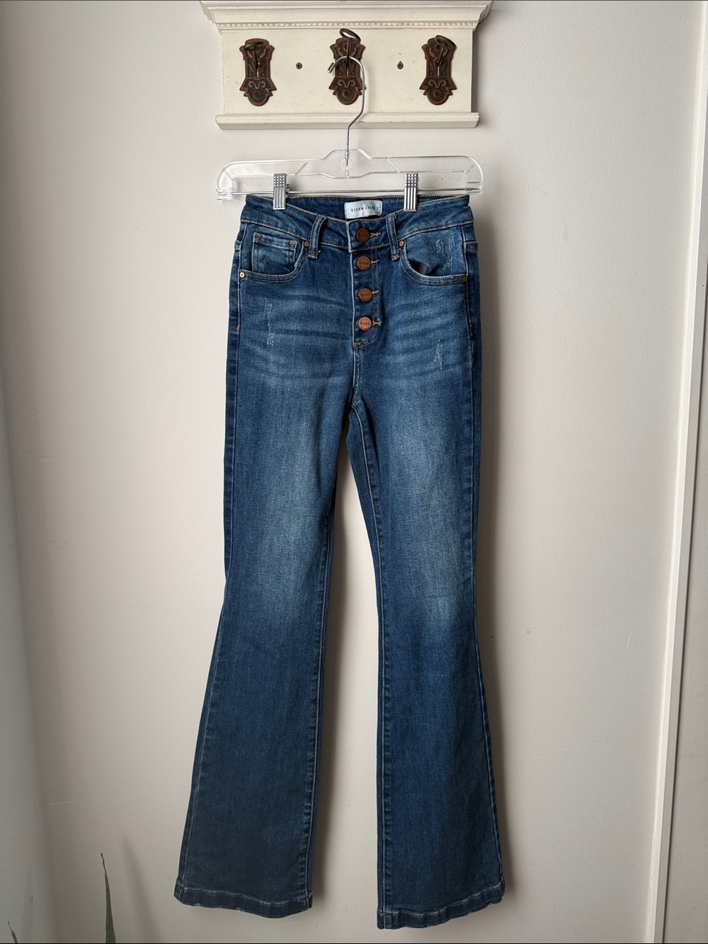 Risen Button-Fly mid-Rise Flare Jeans in Medium Blue Classic Denim